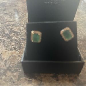 Genuine emerald earrings, 14 k gold, diamonds around each one